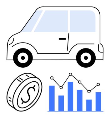 Bozuk para ve çizgi grafikli bar tablosuna bitişik kompakt araba. Araba harcamaları, mali veriler, ekonomi, otomotiv trendleri, bütçe, satış, analiz için ideal. Soyut çizgi düz metafor