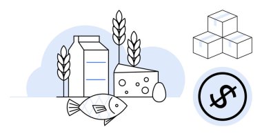 Süt kutusu, peynir, yumurta, balık, buğday sapı ve dolar işareti gıda üretimini, maliyetini, ticaretini, tüketim ekonomik değer sürdürülebilirliğini ve tarımı düz bir metaforda vurguluyor