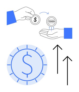 Dijital jetonla el değiştiren bozuk para, yükselen oklu büyük para. Finans, kripto para birimi, dijital ekonomi, yatırımlar, engelleme zinciri, büyüme ödeme sistemi için ideal. Minimalist
