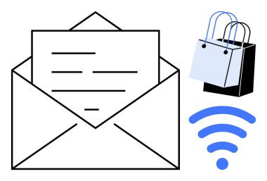Zarfın içinde mavi ve siyah alışveriş torbaları ve kablosuz sinyal var. Dijital iletişim, e-ticaret, çevrimiçi alışveriş, bağlantı, teknoloji, mesajlaşma ve internet için ideal