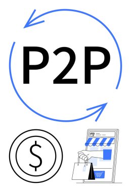 Dairesel okları, bozuk para sembolü ve seyyar vitrini olan P2P metni. E-ticaret, dijital ödeme, finans, akran işlemleri, çevrimiçi ticaret paylaşım ekonomisi kooperatif ekonomi için idealdir. Düz basit