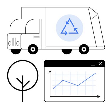Ekolojik sembollü geri dönüşüm kamyonu, ağaç çizimi ve büyüme ve sürdürülebilirliği temsil eden çizgi grafiği. Çevre, ekoloji, geri dönüşüm, atık yönetimi, ekoloji eğitimi, veri
