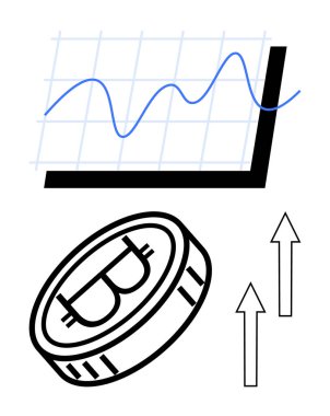 Yükselen grafiğin yanında bitcoin para ve yukarı doğru iki ok. Kripto para birimi, trend analizi, finans, ticaret, yatırım stratejileri, büyüme ve dijital piyasa için ideal. Düz basit metafor