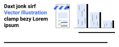Veri kullanımı, e-ticaret, analitik, istatistik, büyüme, pazarlama, geliştirme, basitçe iniş sayfasını gösteren dijital bir sayfa ve bar grafiği ile mobil mağaza önü tasarımı