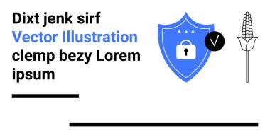 Buğday sapının yanında kilit ve işaret işareti olan bir kalkan. Güvenlik, tarım, sigorta, güven, uyum, teknoloji ve basit iniş sayfası için ideal