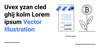 Mobil mağaza vitrininde güneşlik, metin blokları ve finans büyümesini sembolize eden Bitcoin bitkisi ile illüstrasyon. Fintech, e-ticaret, kripto para birimi, iş stratejisi, yenilik, çevrimiçi dijital için ideal