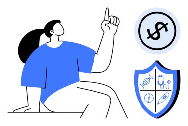 Kalkmış parmak, kalkan, DNA, steteskop, şırınga ve hap taşıyan bir kadın. Yukarıdaki dolar sembolü finansal planlamayı temsil ediyor. Sağlık, sigorta ve yatırım finansmanı için ideal
