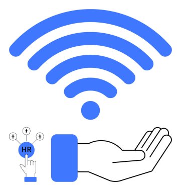 Açık el üzerinde mavi kablosuz simge, ağdaki HR düğümünü işaret ediyor. İletişim, insan kaynakları, teknoloji, bağlantılar, takım çalışması, yönetim için ideal ve düz bir metaforu desteklemek