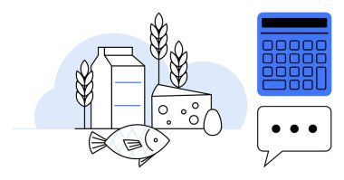 Süt kutusu, peynir, balık, yumurta, mavi hesap makinesinin yanında buğday sapı, konuşma balonu. Diyet takibi, bütçe belirleme, sağlıklı beslenme, gıda eğitimi, yemek planlaması için ideal basit bir metafor.