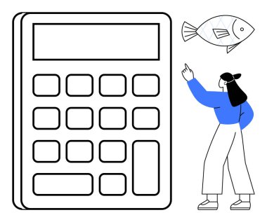 Görünür düğmeleri ve ekranı olan dev bir hesap makinesi balığı işaret eden bir kadının yanında. Finans, hesaplama, analitik, eğitim, yaratıcılık, metafor ve soyut düşünme için idealdir. Düz basit