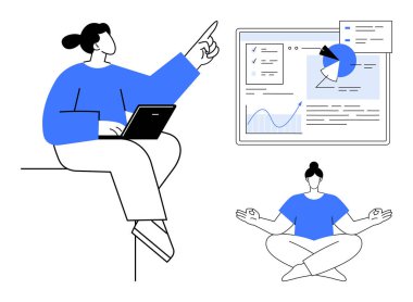 Analizleri dizüstü bilgisayarında inceleyen kadın, çizelgeleri ve grafikleri gösteren bir ekranın yanında. İş-yaşam dengesi, analitik izleme ve görev yönetimi için meditasyon yapan kişileri içerir. Üretkenlik için ideal