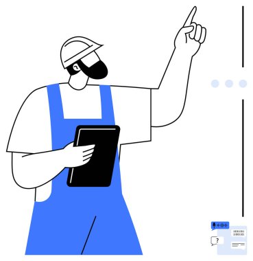 Mavi tulumlu işçi tableti tutar ve yukarı doğru hareket eder. Takım çalışması, inşaat, proje yönetimi, planlama, liderlik, hedef belirleme, dijital araçlar için ideal. Düz basit metafor