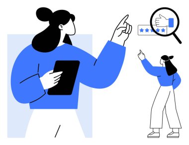 Elinde tablet tutan ve yıldızları gösteren bir kadın, geri bildirimi vurgulayan büyüteç. Kullanıcı değerlendirmeleri, geri bildirim sistemleri, müşteri deneyimi, değerlendirmeler, öneriler, reytingler, düz basit