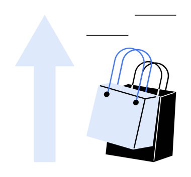 Büyümeyi, ilerlemeyi ve artan tüketici davranışlarını gösteren büyük bir okun yanında mavi saplı iki alışveriş çantası. Perakende genişleme, tüketici eğilimleri, ekonomik büyüme ve alışveriş için ideal