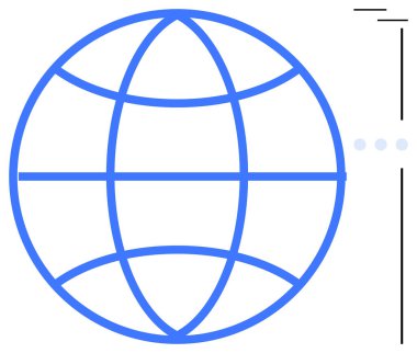Noktalar ve dijital elementlerle birbirine bağlı enlem ve boylam çizgilerine sahip mavi küre. Ağ oluşturma, internet, küresel erişim, iletişim, teknoloji, yenilik, dijital dönüşüm, düz
