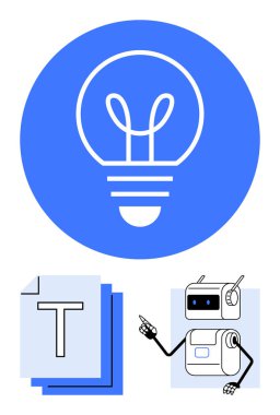 Mavi çemberdeki ampul yeniliği simgeliyor, robotik karakter dizilmiş metin belgelerini gösteriyor. Yaratıcılık, teknoloji, yapay zeka, dijital içerik, eğitim ve gelecek temalar için ideal