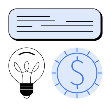 Ampul fikirleri simgeler, para maddi değeri simgeler ve metin kutusu da iletişimi simgeler. Beyin fırtınası, girişim, ticari yenilik, finans, eğitim stratejisi yaratıcılığı için idealdir. Düz