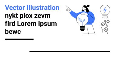 Sürdürülebilir yenilikleri ampul ve ağaç tasarımı ile sunan kişi. Yakınlarda, enerji ve büyüme sembolleri kavramları gösteriyor. Yenilik için ideal, sürdürülebilirlik, yaratıcılık, strateji