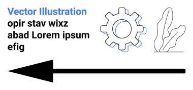 Kara ok bir dişli sembolü ve soyut bitki çizgisi ile sağı gösteriyor. İlerleme, yenilik, strateji, teknoloji, büyüme, yön ve basit bir iniş sayfası için ideal