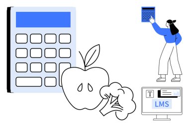 Hesap makinesi, elma, brokoli ve LMS ekran ile etkileşim halinde. Eğitim, beslenme, diyet, e-öğrenme, sağlık planlama teknolojisi ve gıda takibi için idealdir. Düz basit metafor