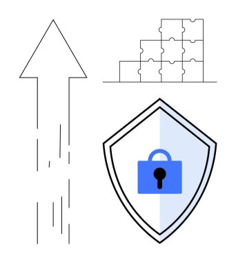 Oklar büyümeyi simgeler. Yapboz parçaları problem çözmeyi gösterir. Kilitli kalkan da güvenliği simgeler. İlerleme, strateji, siber güvenlik, koruma, yenilik ve takım çalışması verileri için ideal