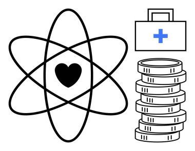 Merkezi kalp, madeni para yığını ve tıbbi evrak çantası ile özet sağlık, finansman, sağlık, bilim ve ekonomik dengeyi vurguluyor. Sağlık bilimi ekonomisi metaforları için ideal. Düz