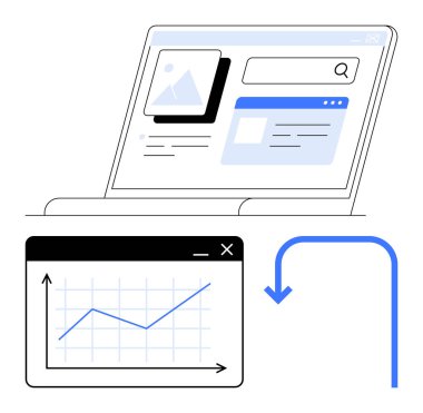 Dizüstü bilgisayar grafikler ve bir tarayıcı penceresi ile web sayfası arayüzü görüntüler. Mavi ok hareket ya da akış olduğunu gösteriyor. Navigasyon, analitik, etkileşim, ilerleme, SEO, UX stratejisi için ideal. Düz basit