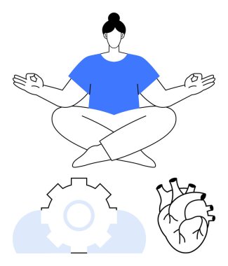 Nilüfer çiçeği pozunda meditasyon yapan kişi, sağlık için kalp sembolü, zihinsel süreci gösteren dişli. Farkındalık, iş hayatı dengesi, sağlık, duygusal zeka, kişisel gelişim, refah için ideal
