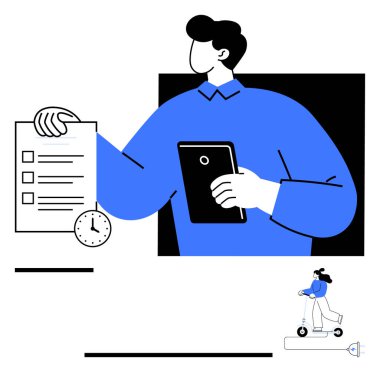 Kontrol listesi ve saati olan tablet, zaman yönetimini ön plana çıkarır. Bir diğeri ise elektrikli scooter kullanıyor ve şehir içi ulaşımda verimlilik gösteriyor. Üretkenlik, çoklu görev ve organizasyon için ideal