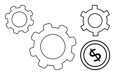 İşbirliği, mekanizma, para akışı, takım çalışması, finansal yönetim, sistem optimizasyonu, ekonomik dengeyi iletmek için dolar sembolü yakınında etkileşen çeşitli boyutlardaki dişliler. Düz basit metafor