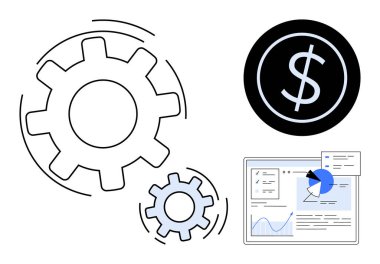 Dönen dişliler, dolar işareti ve çizelgeli analitik gösterge paneli optimizasyon, verimlilik ve finansal performans öneriyor. Otomasyon, finans, analitik, araştırma planlama stratejisi için ideal