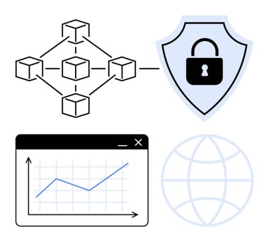 Blockchain yapısı, kilit, veri hattı şeması olan kalkan ve siber güvenliği, analitiği, ağ oluşturmayı ve küresel erişimi simgeleyen dünya ana hatları. Teknoloji ve güvenlik finansmanı için ideal