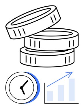 Yığılmış bozuk paralar, analog saat ve yükselen ok grafiği yatırımı, paranın zaman değerini, başarıyı, verimliliği simgeler. Finans, ekonomi ve zenginlik planlama verimliliği için ideal ilerleme düzeyi