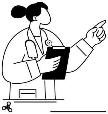 Laboratuvar önlüğü ve steteskop giyen, elinde not panosu tutan kararlı bir doktor. Sağlık, rehberlik, liderlik, uzmanlık, takım çalışması talimatları için ideal. Temiz düz basit metafor