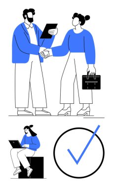 İş arkadaşları el sıkışıyor, bilgisayarla uzaktan çalışan çalışanlar ve görevin tamamlandığını gösteren işaretler. Takım çalışması, anlaşma, başarı ve uzak çalışma için ideal