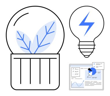 İçinde yapraklar olan ampul, yıldırım ampulü, çizelgeler ve diyagramlarla dolu veri paneli. Sürdürülebilirlik, yenilik, analiz, yenilenebilir enerji, çevre dostu çözümler, teknoloji için ideal