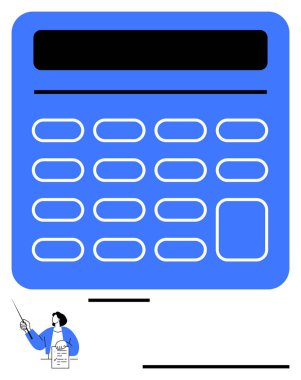 Büyük ölçekli hesap makinesi tasarımı, elinde işaretleyici ve finansal belge olan bir birey. Finans, muhasebe, eğitim, maliyet analizi, bütçe, iş planlaması, tasarruf için idealdir. Düz basit