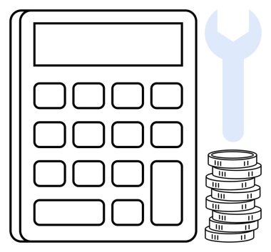 Büyük düğmeli hesap makinesi, dikey bozuk para yığını ve bütçe, finansal strateji, onarım maliyet analizi, servis yönetimi ve geliştirmeyi sembolize eden anahtar. Finans ve iş için ideal