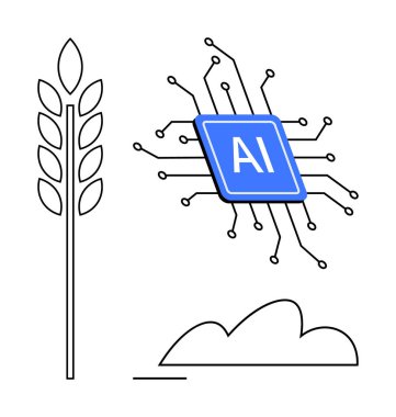 Yapay zeka etiketli devre çipi buğday ve minimalist bulutun yanında birbirine bağlı çizgiler. Tarım, yenilik, yapay zeka, sürdürülebilirlik, teknoloji entegrasyonu, dijital dönüşüm, büyüme, düz