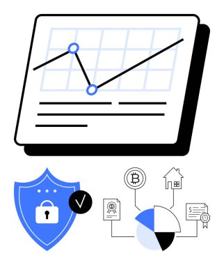 Analitik grafik yukarı doğru eğilimli, pasta grafiği finansal unsurlu, kalkan ise kilit sembollü. Finans, güvenlik, yatırım, teknoloji, engelleme bankacılık ve araştırma için ideal. Düz basit
