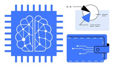 Çipteki beyin yapay zekayı sembolize eder. Devreleri ve grafik verileri olan dijital bir cüzdan içerir. Yapay zeka, engelleme zinciri, kripto para birimi, fintech, veri analizi, yenilik fütürizmi için ideal. Düz basit