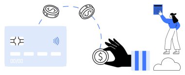 Kredi kartı ekstresi, el ele tutuşan paralar, bulut üzerinde finansman yöneten kadın. Dijital bankacılık, e-ticaret, temassız ödeme, finansal teknoloji, gider takibi, fintech