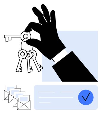 Birkaç anahtar tutan siyah el zarfların yanında giriş ya da kontrolü ve kontrol işaretini gösteriyor. Güvenlik, izinler, onay, iletişim, anahtar yönetim, e-posta sistemleri işi için ideal