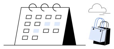 Alışveriş torbaları ve bulutların yanında işaretli tarihli takvim. Planlama, programlama, etkinlikler, alışveriş, verimlilik, organizasyon, zaman yönetimi için ideal. Basit soyut çizgi düz metafor