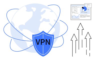 Güvenli çevrimiçi bağlantıyı temsil eden mavi VPN kalkanı, analitik verileri gösteren veri tablosu ve büyümeyi gösteren yukarı doğru oklar. Siber güvenlik, analitik, büyüme stratejisi ve ağ kurmak için ideal