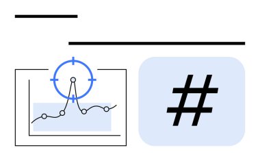 Bağlı veri noktalarına sahip bir grafik ve yanında cesur bir üstveri etiketi sembolü olan bir hedef simgesi. Analiz, pazarlama, sosyal medya eğilimleri, strateji, içgörü, ölçüler, soyut düz çizgi için ideal