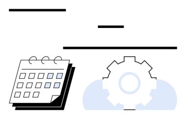 Vurgulanmış tarih ve teçhizatlı takvim bulut şekilli, planlama, otomasyon ve süreç geliştirmeyi temsil ediyor. Üretim, organizasyon, program, iş akışı, zaman yönetimi için ideal