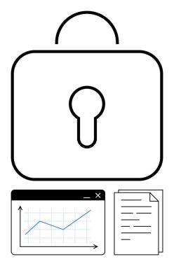 Analizi temsil eden bir çizgi grafiği ve veri içeren bir belge ile güvenliği simgeleyen büyük bir asma kilit. Siber güvenlik, gizlilik, veri analizi, uyum, bilgi yönetimi, risk için ideal