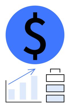 Dikey büyüme grafiğinin üzerinde mavi dairedeki büyük dolar işareti ve yukarı bakan oklu basit istiflenmiş hiyerarşi diyagramı. Finans, strateji, yatırım, büyüme, veri, hiyerarşi ve ekonomi için ideal