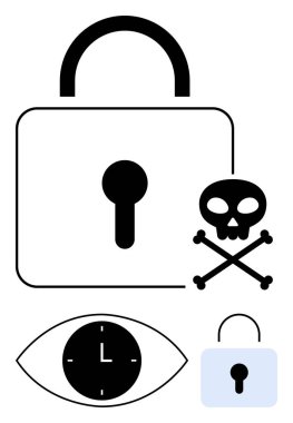 Anahtar deliği, kafatası ve çapraz kemikli kilit, stilize saat gözü ve daha küçük asma kilit tasarımı. Siber güvenlik, gizlilik, hackleme, dijital güvenlik ve zaman uyarıları için ideal.